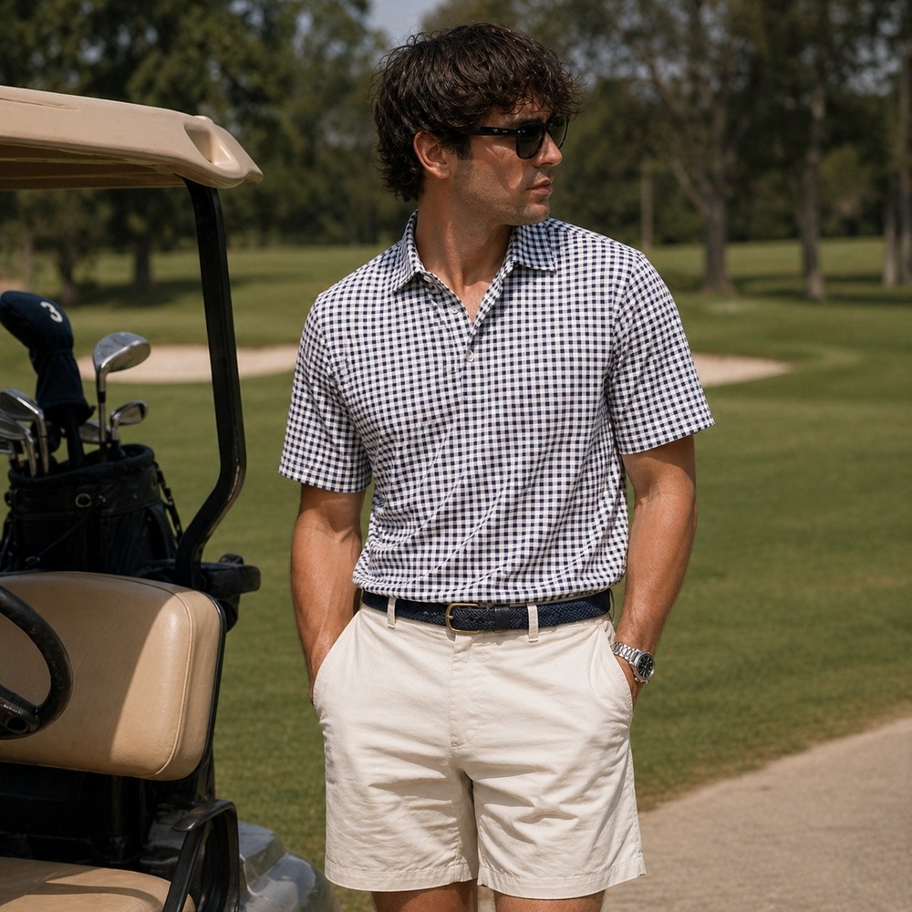 Collars & Co Semi Spread Dress Collar Blue Gingham Performance Polo Shirt L NWT